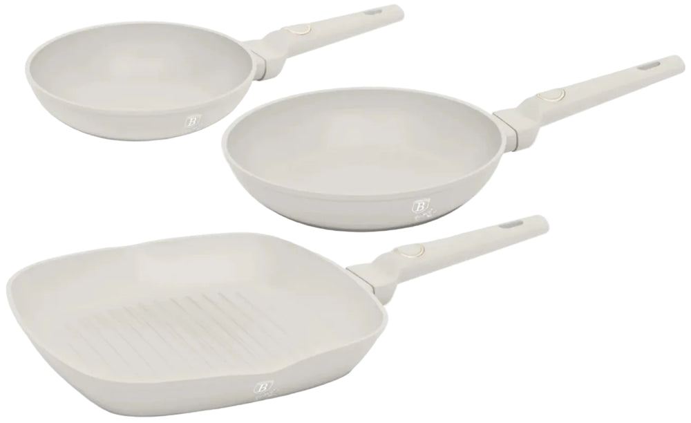 BerlingerHaus Stegepandssæt Mat Creme 3-Delt - Stegepande ø 20 & 24 cm, Grillpande 28 cm - Egnet til alle varmekilder