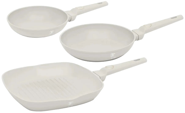 BerlingerHaus Stegepandssæt Mat Creme 3-Delt - Stegepande ø 20 & 24 cm, Grillpande 28 cm - Egnet til alle varmekilder