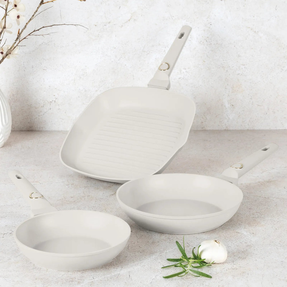 BerlingerHaus Stegepandssæt Mat Creme 3-Delt - Stegepande ø 20 & 24 cm, Grillpande 28 cm - Egnet til alle varmekilder