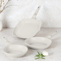 BerlingerHaus Stegepandssæt Mat Creme 3-Delt - Stegepande ø 20 & 24 cm, Grillpande 28 cm - Egnet til alle varmekilder