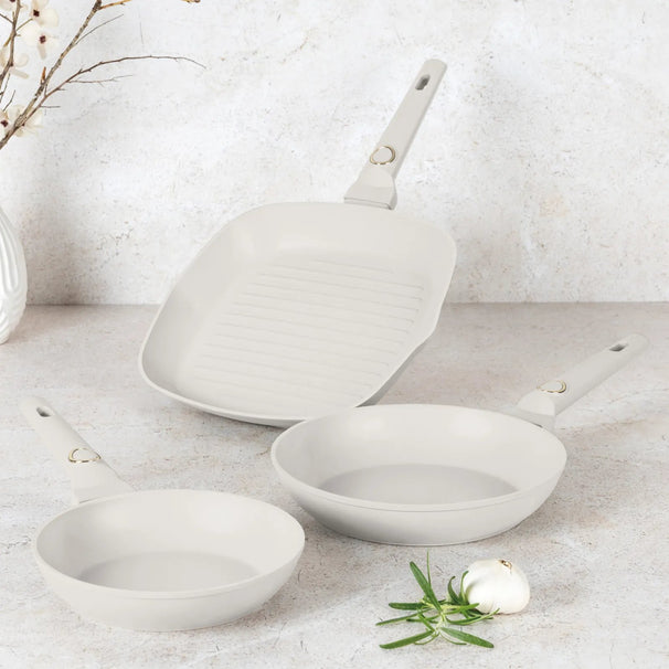BerlingerHaus Stegepandssæt Mat Creme 3-Delt - Stegepande ø 20 & 24 cm, Grillpande 28 cm - Egnet til alle varmekilder