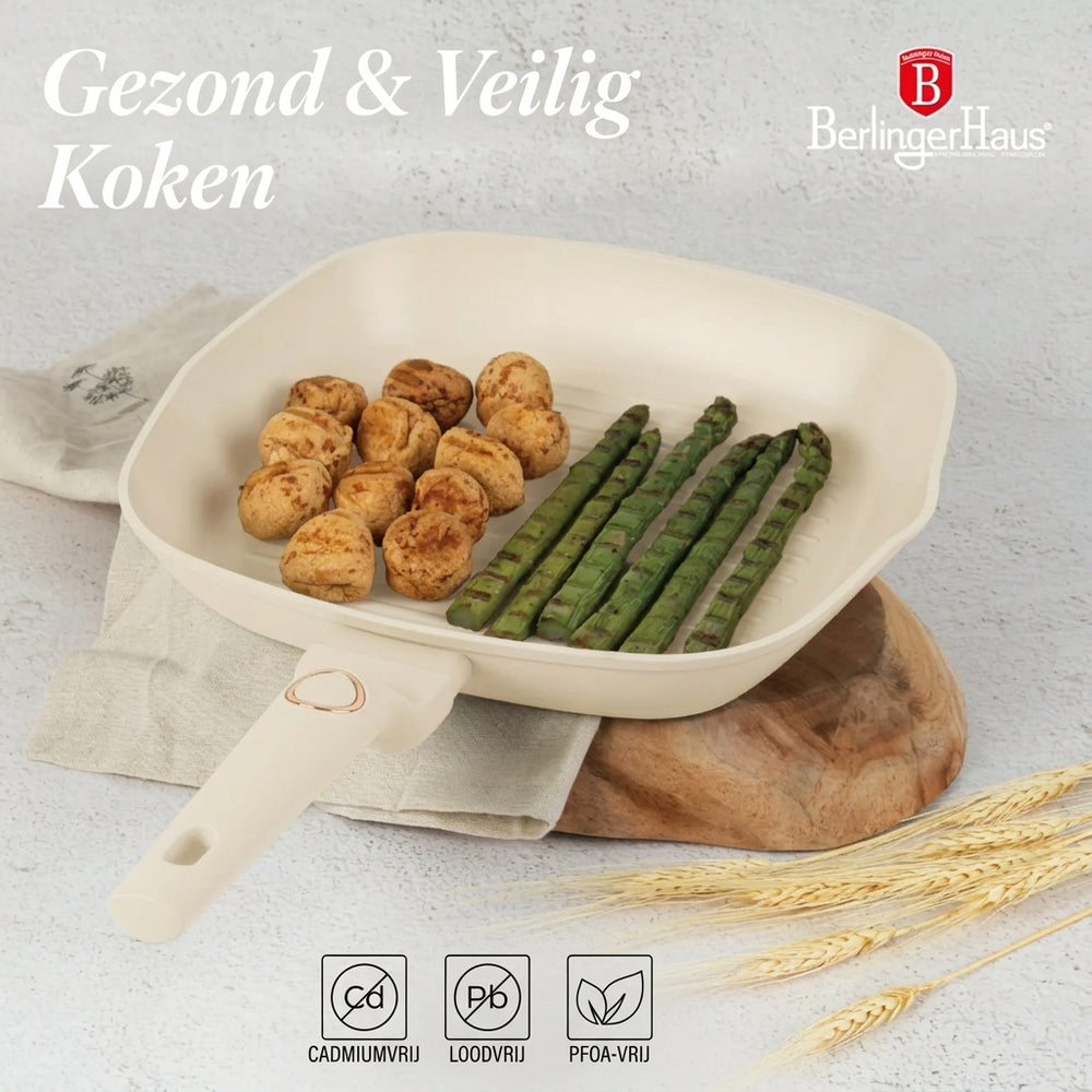 BerlingerHaus Stegepandssæt Mat Creme 3-Delt - Stegepande ø 20 & 24 cm, Grillpande 28 cm - Egnet til alle varmekilder