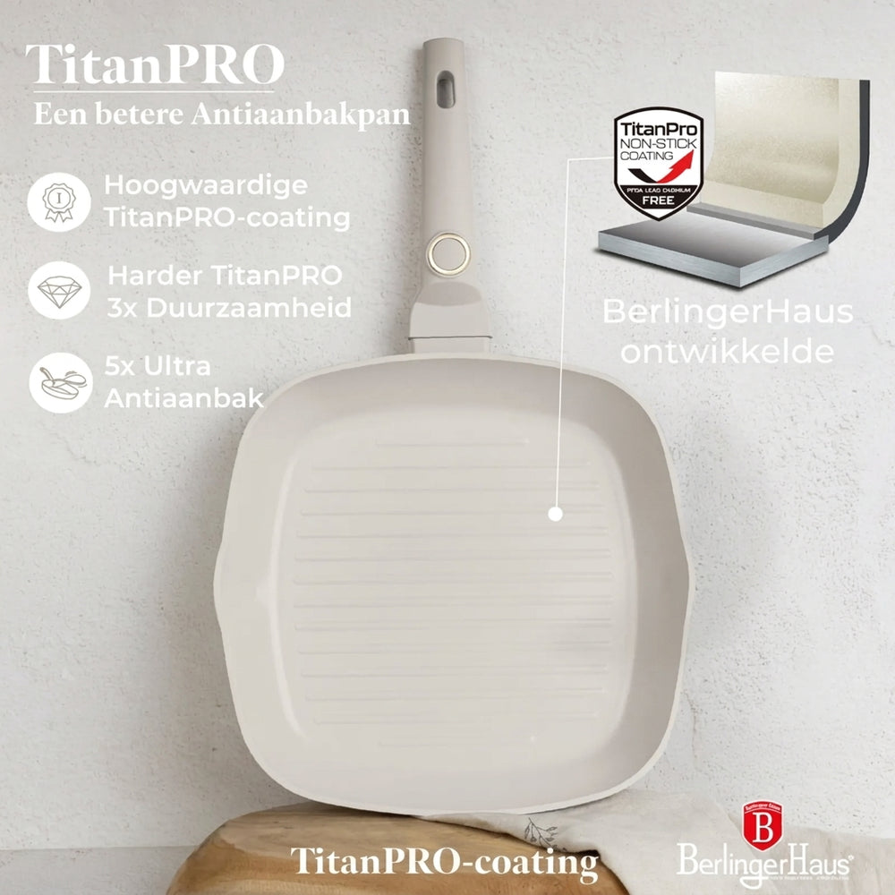 BerlingerHaus Stegepandssæt Mat Creme 3-Delt - Stegepande ø 20 & 24 cm, Grillpande 28 cm - Egnet til alle varmekilder