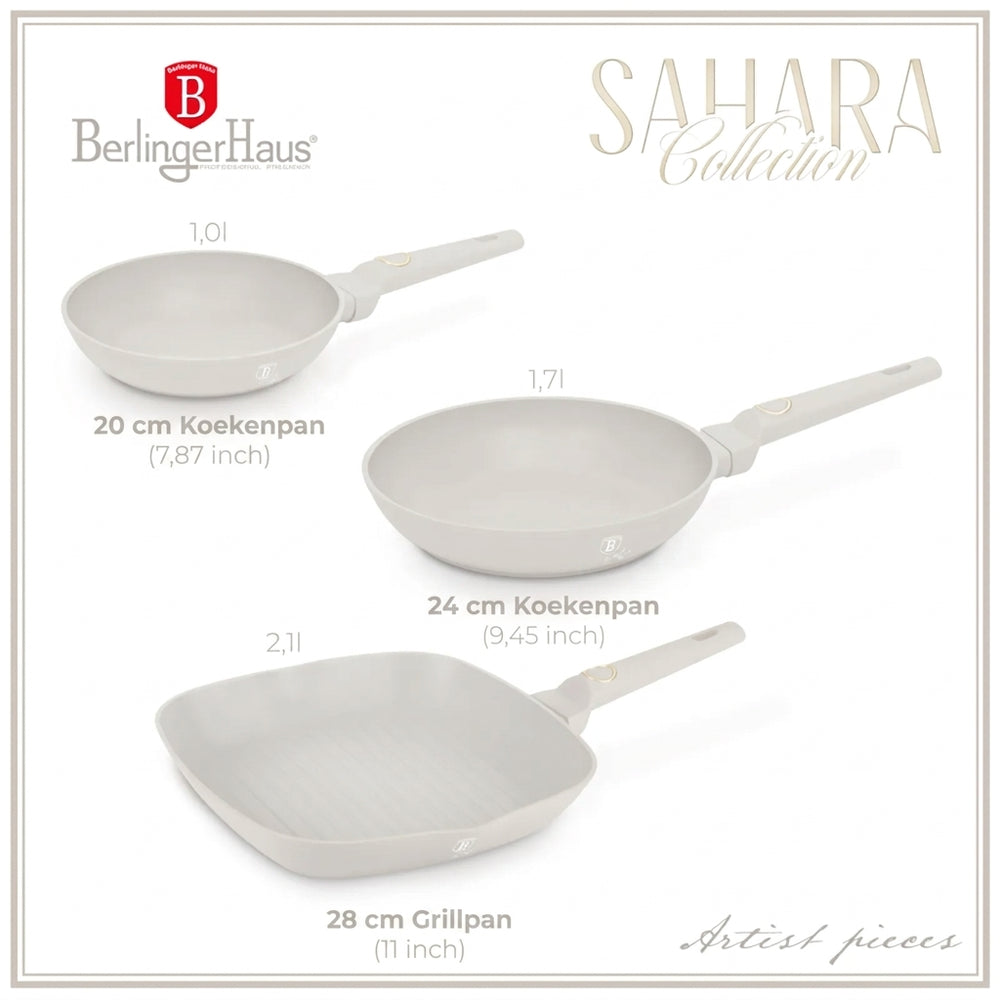 BerlingerHaus Stegepandssæt Mat Creme 3-Delt - Stegepande ø 20 & 24 cm, Grillpande 28 cm - Egnet til alle varmekilder