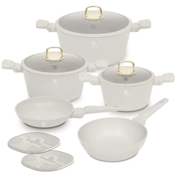 BerlingerHaus Pandesæt Mat Creme 7-Delig - Kogepande ø 20, 24, 28 cm & Stegepande ø 20, 24 cm - egnet til alle varmekilder