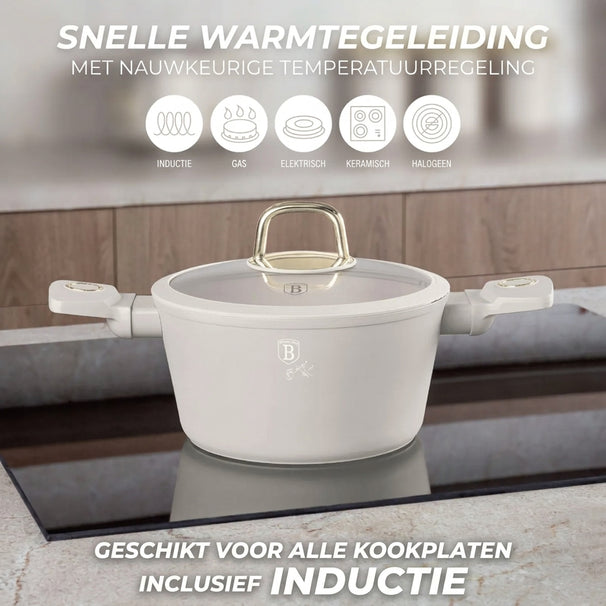 BerlingerHaus Pandesæt Mat Creme 7-Delig - Kogepande ø 20, 24, 28 cm & Stegepande ø 20, 24 cm - egnet til alle varmekilder