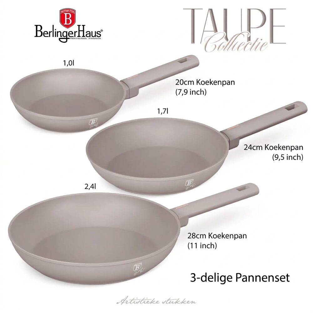 BerlingerHaus Stegepandesæt Taupe 3-Delt - ø 20, 24 & 28 cm - egnet til alle varmekilder - standard non-stick belægning