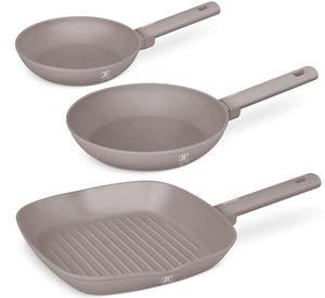 BerlingerHaus Stegepande Sæt Taupe 3-Delt - Stegepande ø 20 & 24 cm, Grillpande 28 cm - Egnet til alle varmekilder
