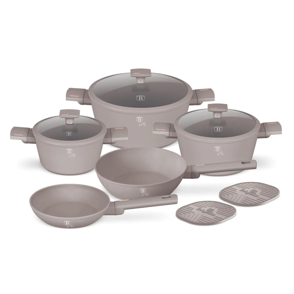 BerlingerHaus Pandesæt Taupe 7-Delt - Kogepande ø 20, 24, 28 cm & Stegepande ø 20, 24 cm - egnet til alle varmekilder