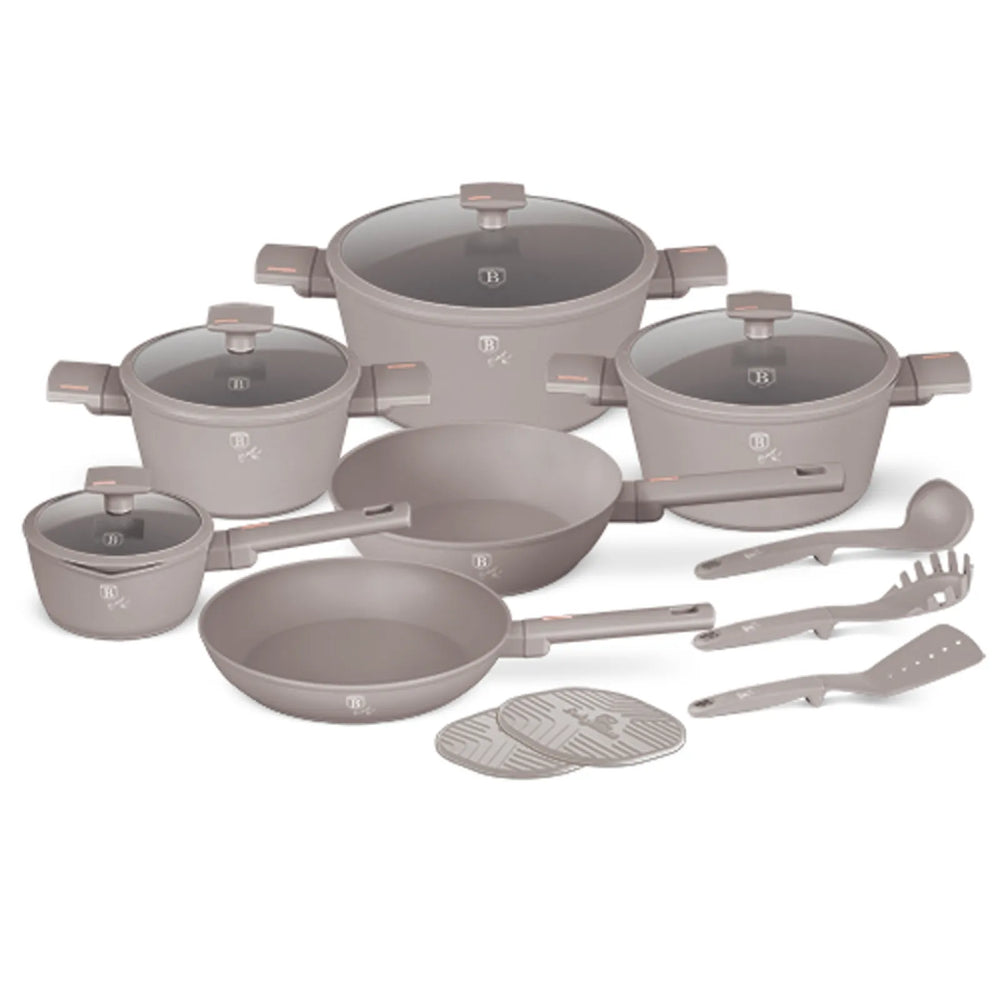 BerlingerHaus Grydesæt Taupe 11-Delt - Kogepande ø 20, 24, 28 cm, Stegepande ø 24, 28 cm & Kasserolle ø 16 cm - egnet til alle varmekilder