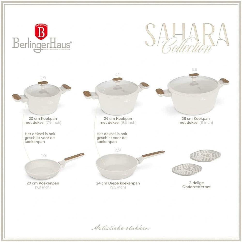BerlingerHaus Pandesæt Nordic Mat Creme 7-Delig - Kogepande ø 20, 24, 28 cm & Stegepande ø 20, 24 cm - egnet til alle varmekilder