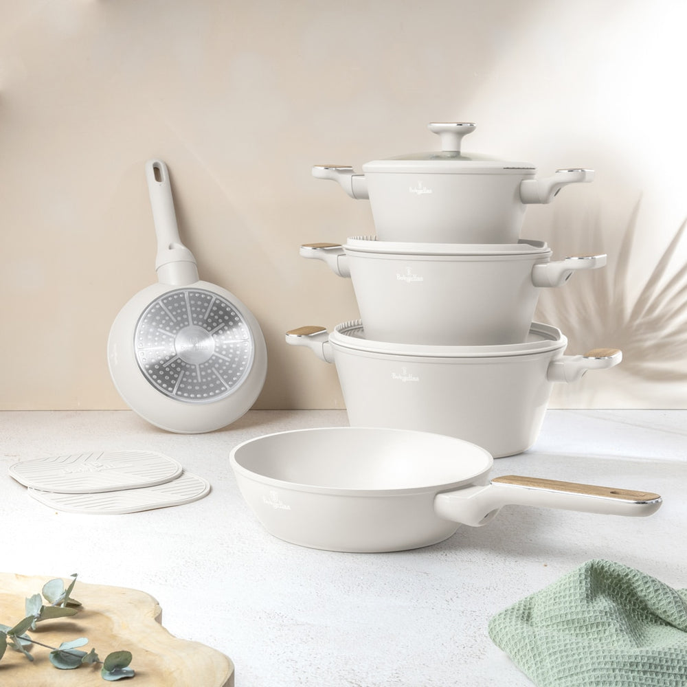 BerlingerHaus Pandesæt Nordic Mat Creme 7-Delig - Kogepande ø 20, 24, 28 cm & Stegepande ø 20, 24 cm - egnet til alle varmekilder