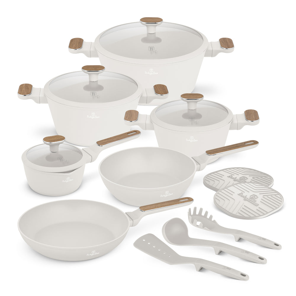 BerlingerHaus Pandesæt Nordic Mat Creme 11-Delig - Kogepande ø 20, 24, 28 cm, Stegepande ø 24, 28 cm & Kasserolle ø 16 cm - egnet til alle varmekilder