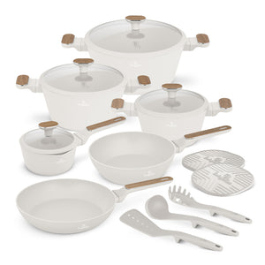 BerlingerHaus Pandesæt Nordic Mat Creme 11-Delig - Kogepande ø 20, 24, 28 cm, Stegepande ø 24, 28 cm & Kasserolle ø 16 cm - egnet til alle varmekilder