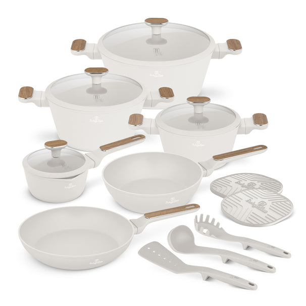 BerlingerHaus Pandesæt Nordic Mat Creme 11-Delig - Kogepande ø 20, 24, 28 cm, Stegepande ø 24, 28 cm & Kasserolle ø 16 cm - egnet til alle varmekilder