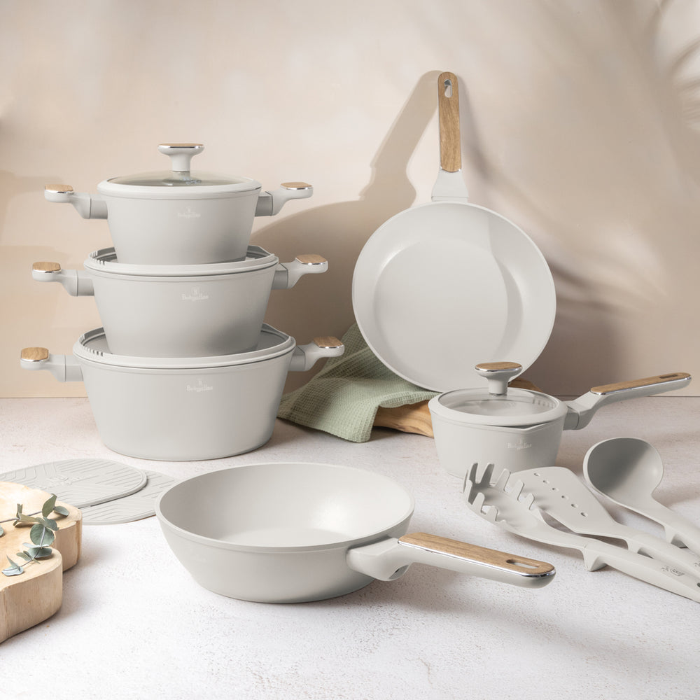 BerlingerHaus Pandesæt Nordic Mat Creme 11-Delig - Kogepande ø 20, 24, 28 cm, Stegepande ø 24, 28 cm & Kasserolle ø 16 cm - egnet til alle varmekilder