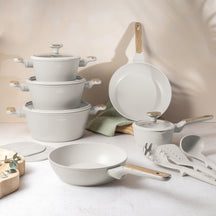 BerlingerHaus Pandesæt Nordic Mat Creme 11-Delig - Kogepande ø 20, 24, 28 cm, Stegepande ø 24, 28 cm & Kasserolle ø 16 cm - egnet til alle varmekilder