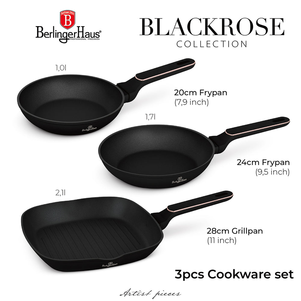 BerlingerHaus Stegepandesæt Sort Roséguld 3-Delt - ø 20, 24 & 28 cm - egnet til alle varmekilder - standard non-stick belægning