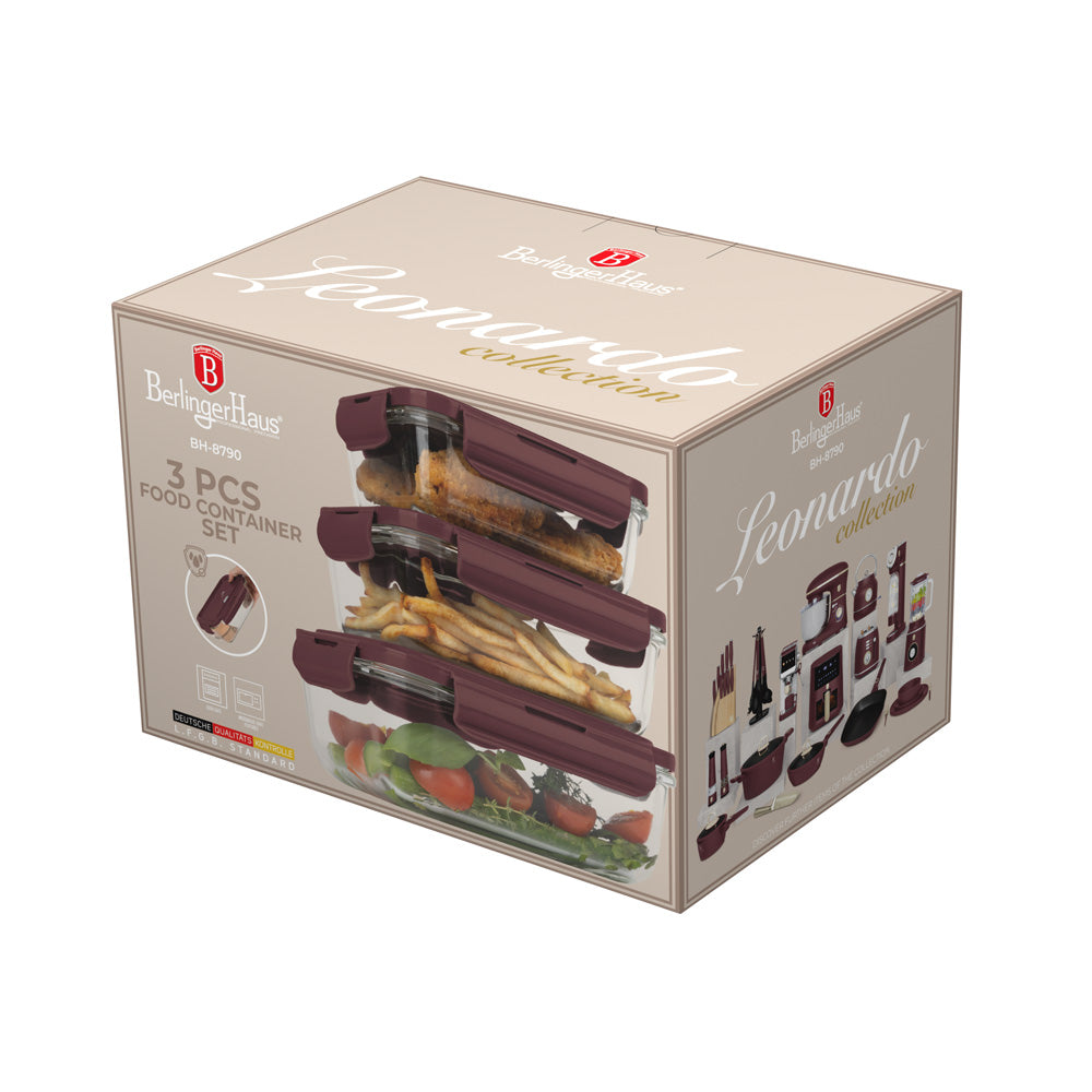 BerlingerHaus Glas Opbevaringsbokse Mat Bordeaux - 3-delt - 570 ml, 840 ml & 1.18 Liter
