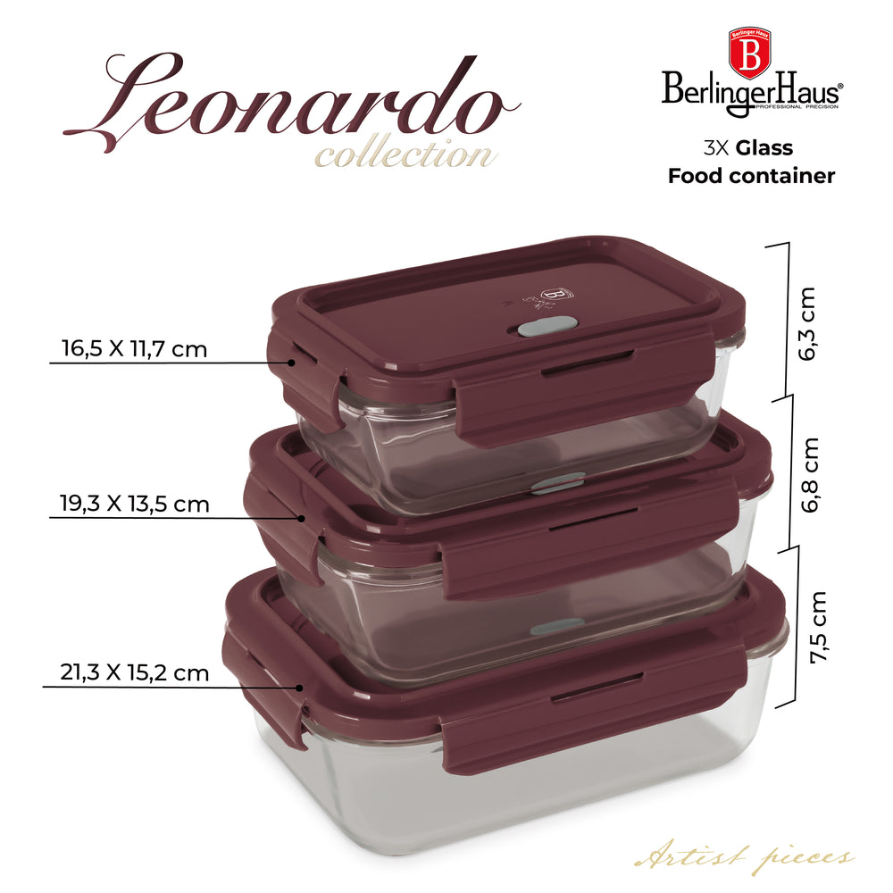 BerlingerHaus Glas Opbevaringsbokse Mat Bordeaux - 3-delt - 570 ml, 840 ml & 1.18 Liter