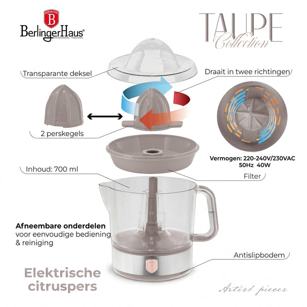 BerlingerHaus Elektrisk Citruspresse / Appelsinpresser Taupe - 0,7 L - 40 W