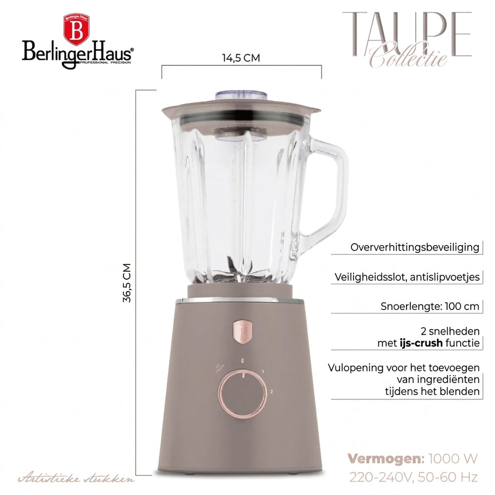 BerlingerHaus Blender Taupe - Glas Kande - 1.5 Liter - 1000W
