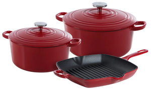 BK Pandesæt Bourgogne Chili Red Gussejern 3-delig - Stegepande ø 24, 28 cm & Grillpande 26x26 cm - egnet til alle varmekilder