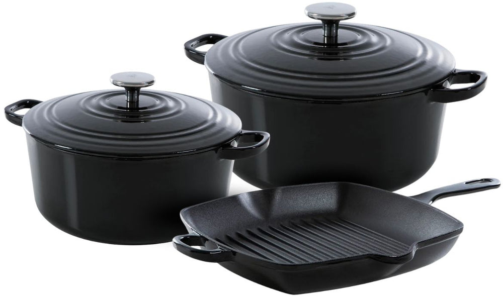 BK Pandesæt Bourgogne Jet Black Gussejern 3-delt - Stegepande ø 24, 28 cm & Grillpande 26x26 cm - egnet til alle varmekilder