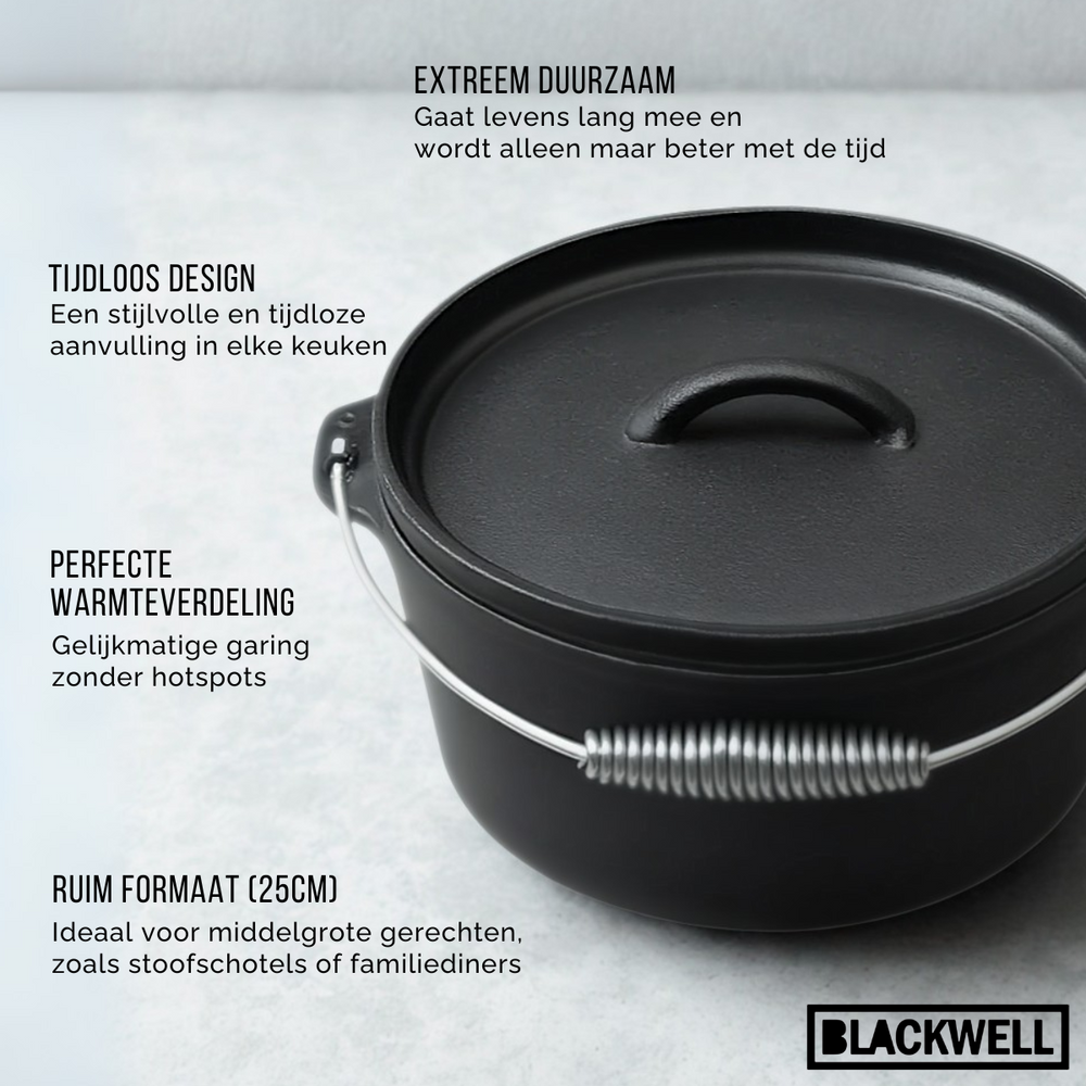 Blackwell Dutch oven / Braadpan med låg - Gussejern - ø 25 cm / 4 Liter - uden non-stick belægning