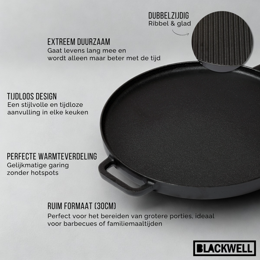 Blackwell Grillplade BBQ / Bagplade Gussejern ø 30 cm - uden non-stick belægning 2-sidet