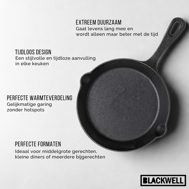 Blackwell Pannenset Gietijzer 4-Delig Koekenpan 16, 20 & 25 cm & Grillplaat ø 30 cm - egnet til alle varmekilder - uden non-stick belægning