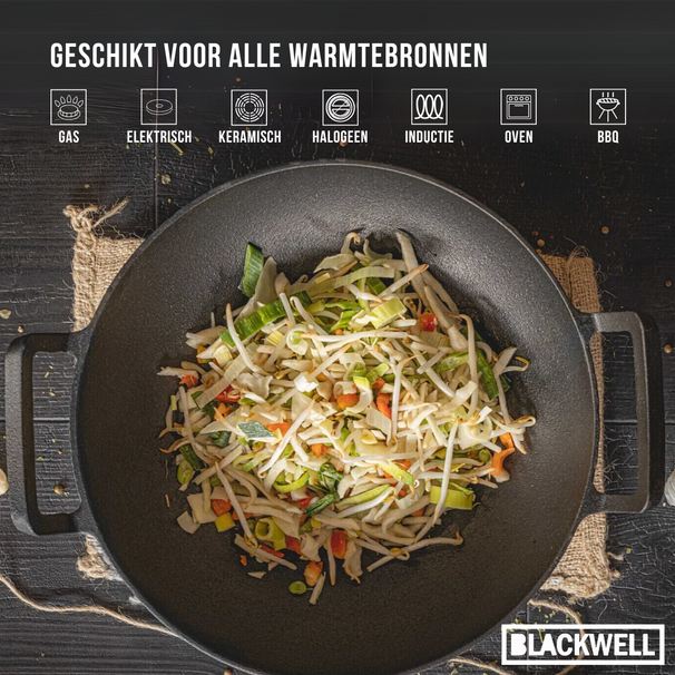 Blackwell Pannenset Gietijzer 3-Delig Grillpan 23 x 23 cm, Koekenpan ø 25 cm & Wok ø 32 cm - egnet til alle varmekilder - uden non-stick belægning