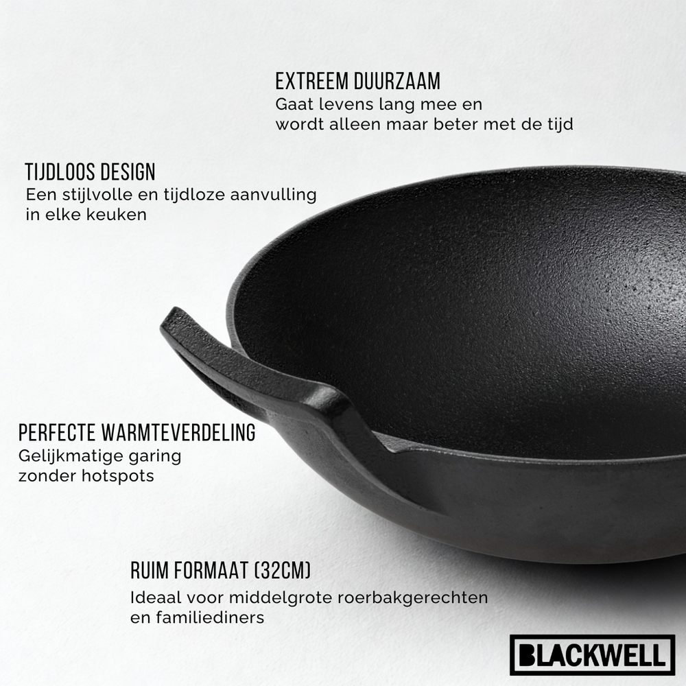 Blackwell Wokpande / Wadjan Gussejern ø 32 cm / 3.3 liter - egnet til alle varmekilder - uden non-stick belægning