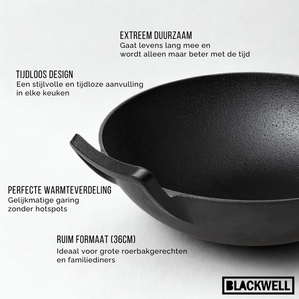 Blackwell Wokpande / Wadjan Gussejern ø 36 cm / 6.5 liter - egnet til alle varmekilder - uden non-stick belægning