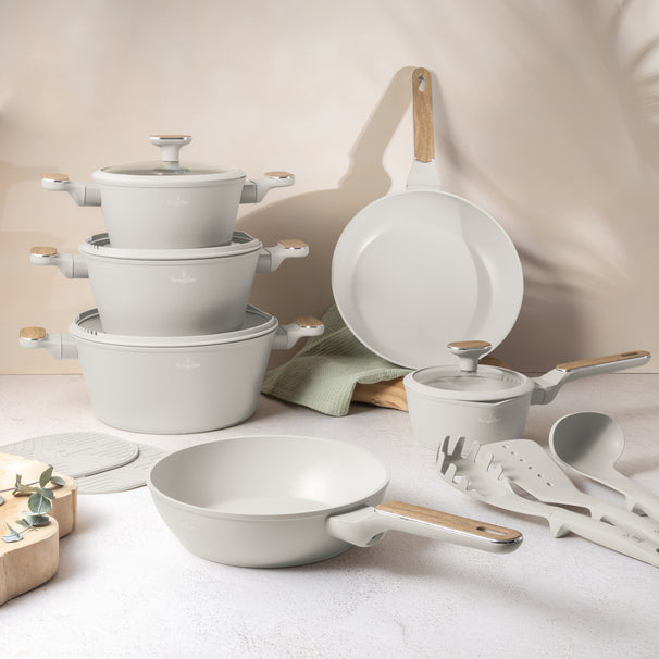BerlingerHaus Pandesæt Nordic Mat Creme 11-Delig - Kogepande ø 20, 24, 28 cm, Stegepande ø 24, 28 cm & Kasserolle ø 16 cm - egnet til alle varmekilder
