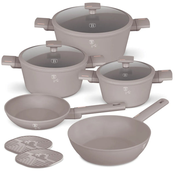 BerlingerHaus Pandesæt Taupe 7-Delt - Kogepande ø 20, 24, 28 cm & Stegepande ø 20, 24 cm - egnet til alle varmekilder