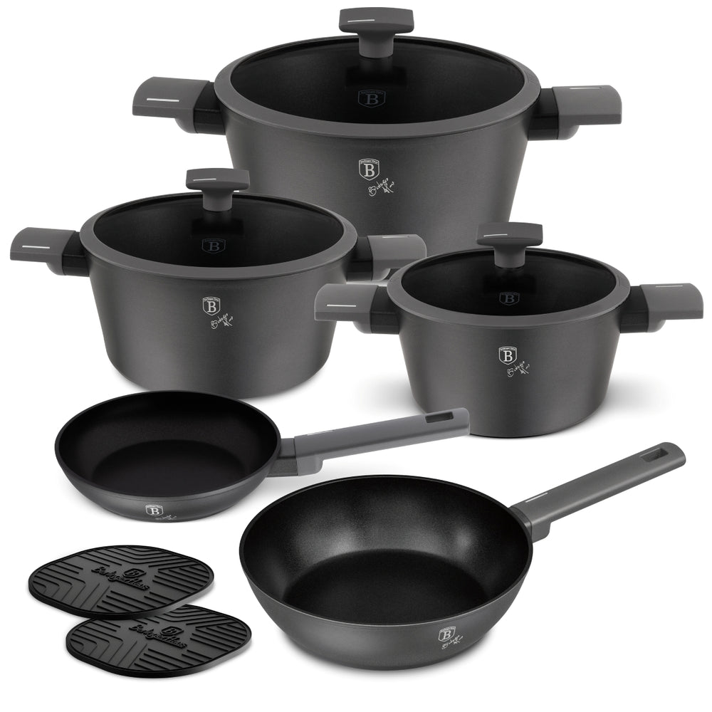 BerlingerHaus Pannenset Mat Antracit 7-Delig - Kogepande ø 20, 24, 28 cm, Stegepande ø 20 & 24 cm - egnet til alle varmekilder