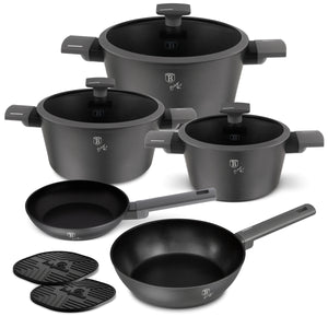 BerlingerHaus Pannenset Mat Antracit 7-Delig - Kogepande ø 20, 24, 28 cm, Stegepande ø 20 & 24 cm - egnet til alle varmekilder