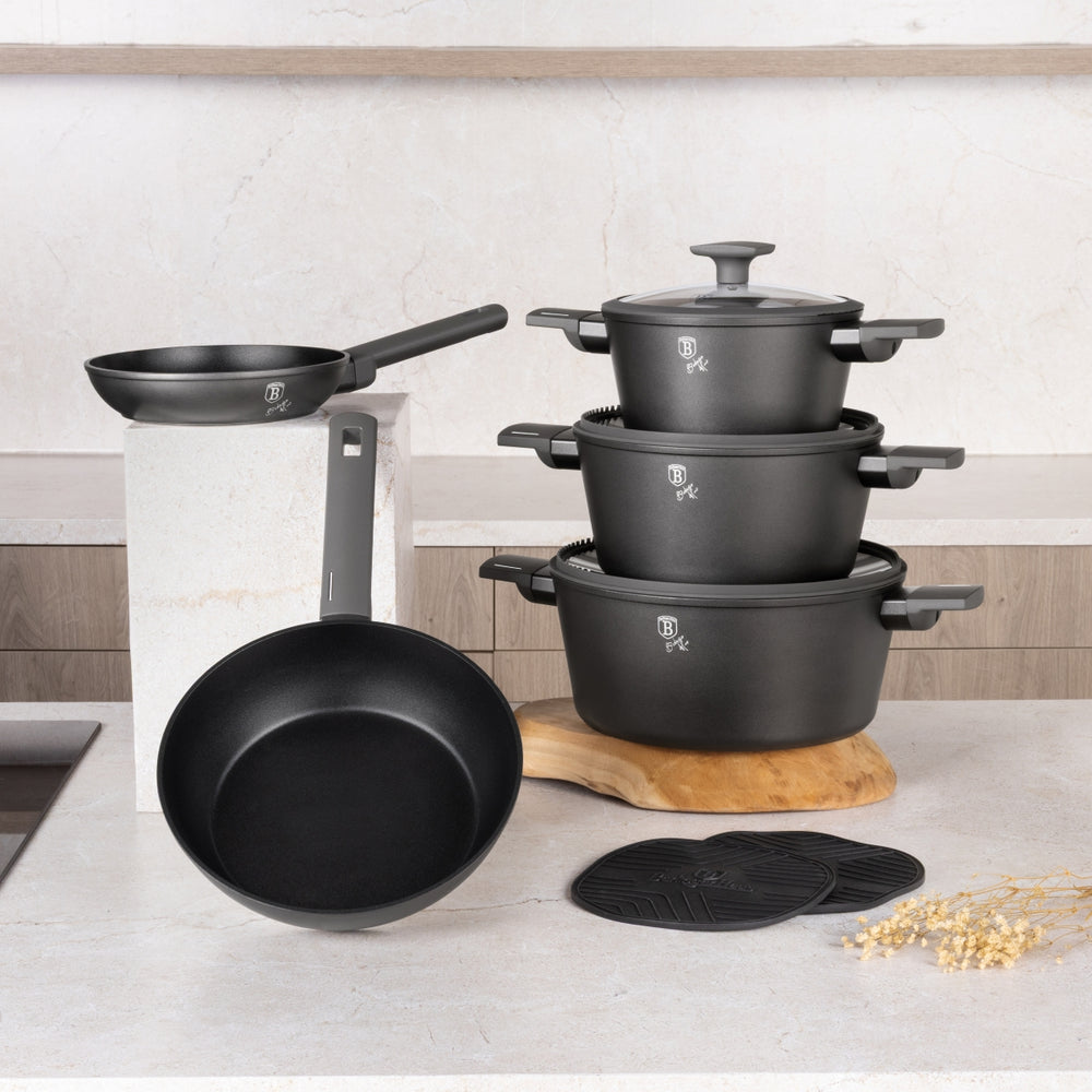BerlingerHaus Pannenset Mat Antracit 7-Delig - Kogepande ø 20, 24, 28 cm, Stegepande ø 20 & 24 cm - egnet til alle varmekilder