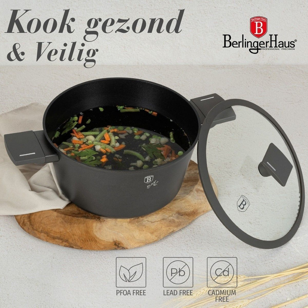 BerlingerHaus Pannenset Mat Antracit 7-Delig - Kogepande ø 20, 24, 28 cm, Stegepande ø 20 & 24 cm - egnet til alle varmekilder