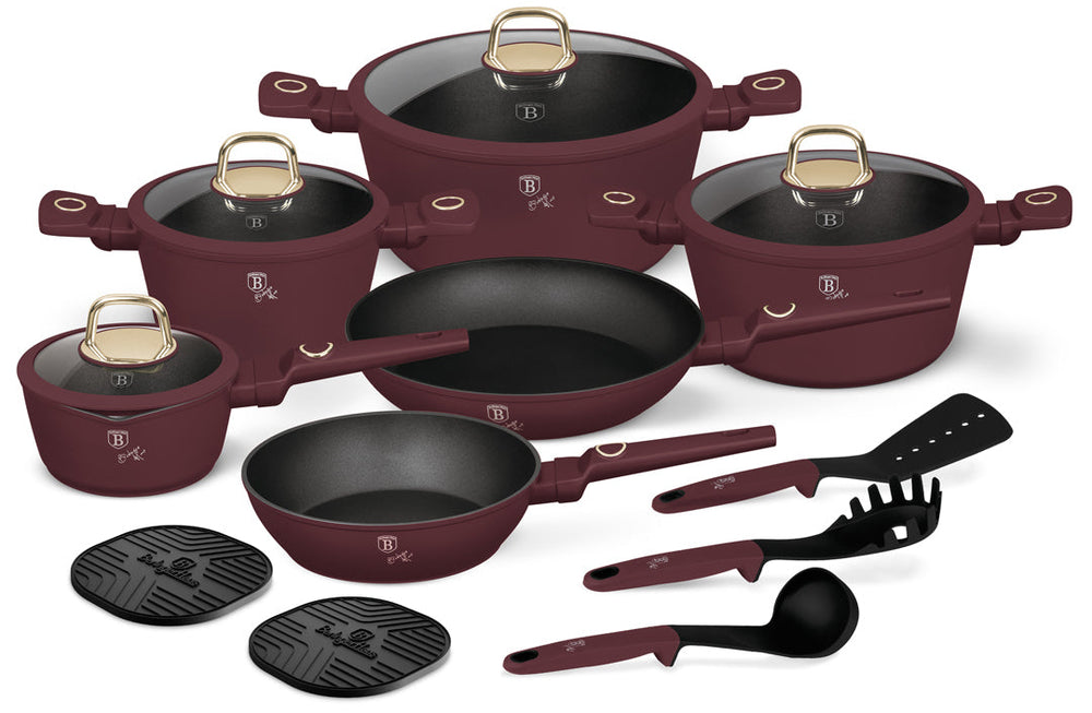 BerlingerHaus Pannenset Mat Bordeaux 11-Delig - Kookpan ø 20, 24, 28 cm, Koekenpan ø 24, 28 cm & Steelpan ø 16 cm - egnet til alle varmekilder