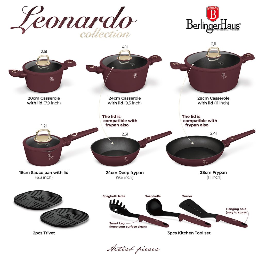 BerlingerHaus Pannenset Mat Bordeaux 11-Delig - Kookpan ø 20, 24, 28 cm, Koekenpan ø 24, 28 cm & Steelpan ø 16 cm - egnet til alle varmekilder
