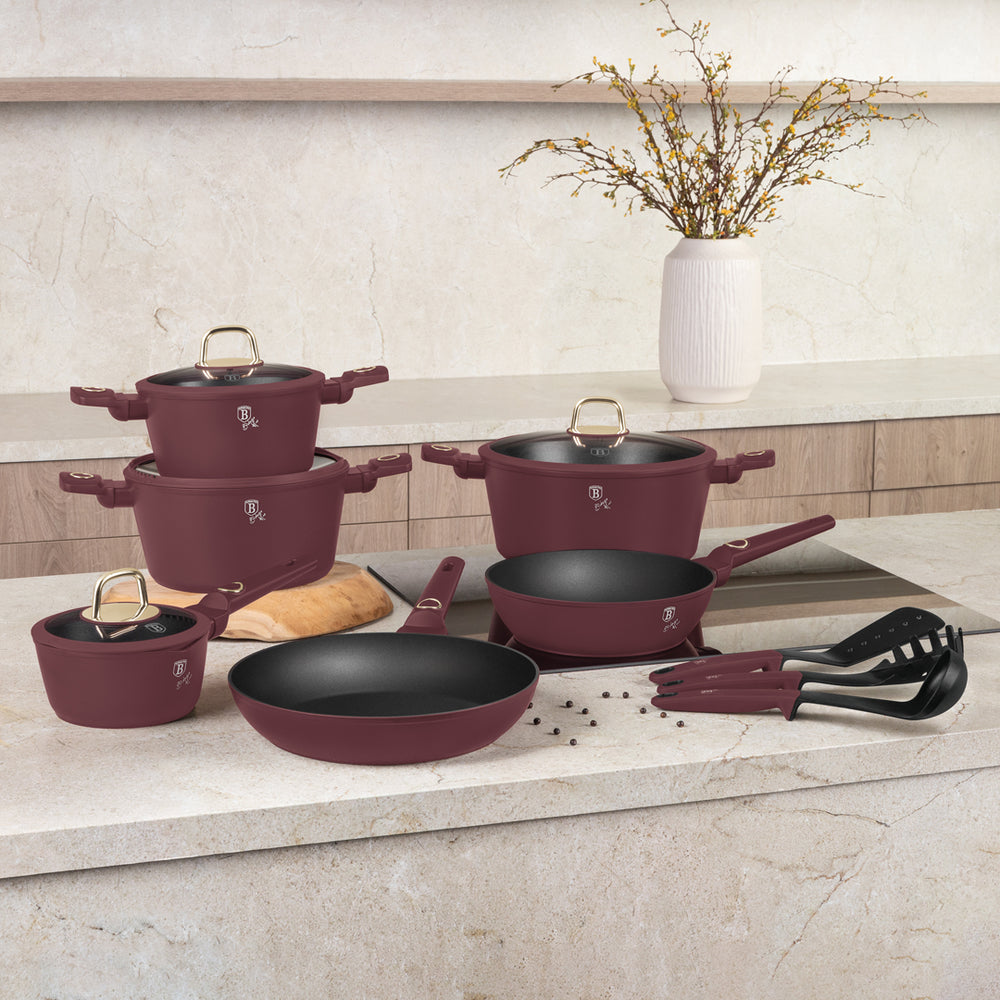 BerlingerHaus Pannenset Mat Bordeaux 11-Delig - Kookpan ø 20, 24, 28 cm, Koekenpan ø 24, 28 cm & Steelpan ø 16 cm - egnet til alle varmekilder