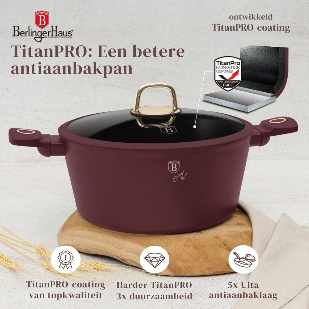 BerlingerHaus Pannenset Mat Bordeaux 11-Delig - Kookpan ø 20, 24, 28 cm, Koekenpan ø 24, 28 cm & Steelpan ø 16 cm - egnet til alle varmekilder
