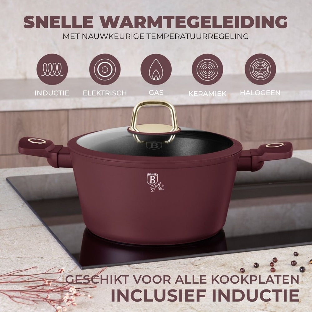 BerlingerHaus Pannenset Mat Bordeaux 11-Delig - Kookpan ø 20, 24, 28 cm, Koekenpan ø 24, 28 cm & Steelpan ø 16 cm - egnet til alle varmekilder