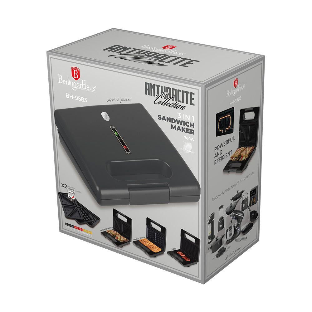 BerlingerHaus Tosti-ijzer 3-in-1 Mat Antraciet - Udtagelige Plader - Vaffel & Grill - 780W