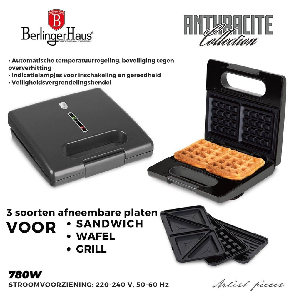 BerlingerHaus Tosti-ijzer 3-in-1 Mat Antraciet - Udtagelige Plader - Vaffel & Grill - 780W