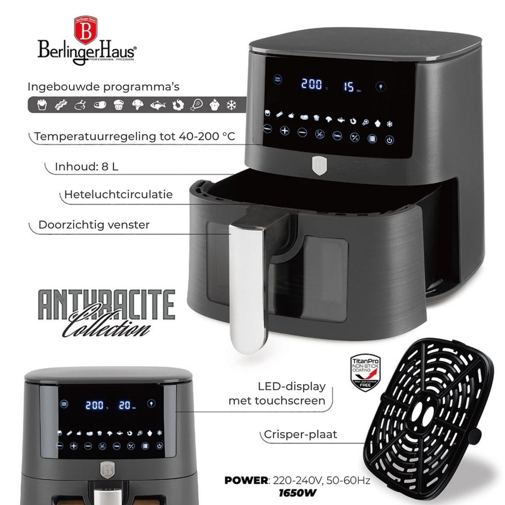 BerlingerHaus Airfryer XXXL Mat Antraciet - med Kijkvenster - 8 Liter - 1650W