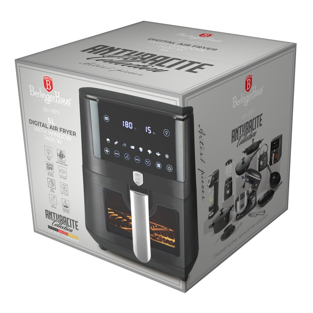 BerlingerHaus Airfryer XL Mat Antraciet - med Kiggevindue - 5 Liter - 1400W