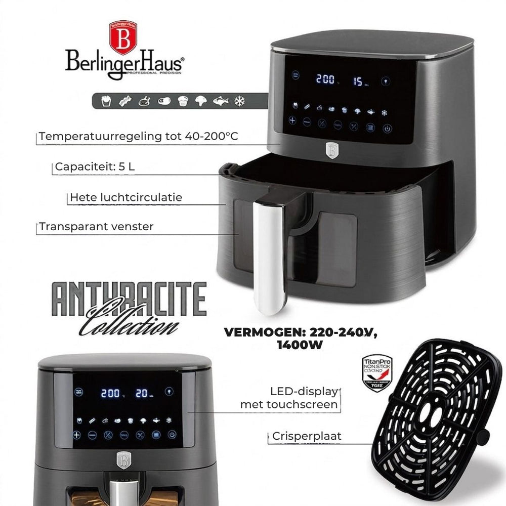 BerlingerHaus Airfryer XL Mat Antraciet - med Kiggevindue - 5 Liter - 1400W